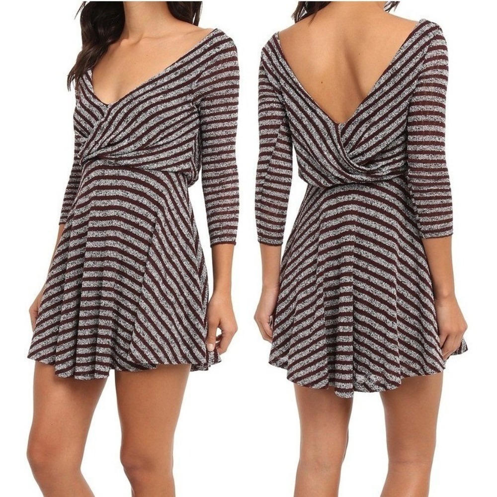 Free People Burgundy Striped Wrap Front V-Back Skater Mini Dress‎ Size Large